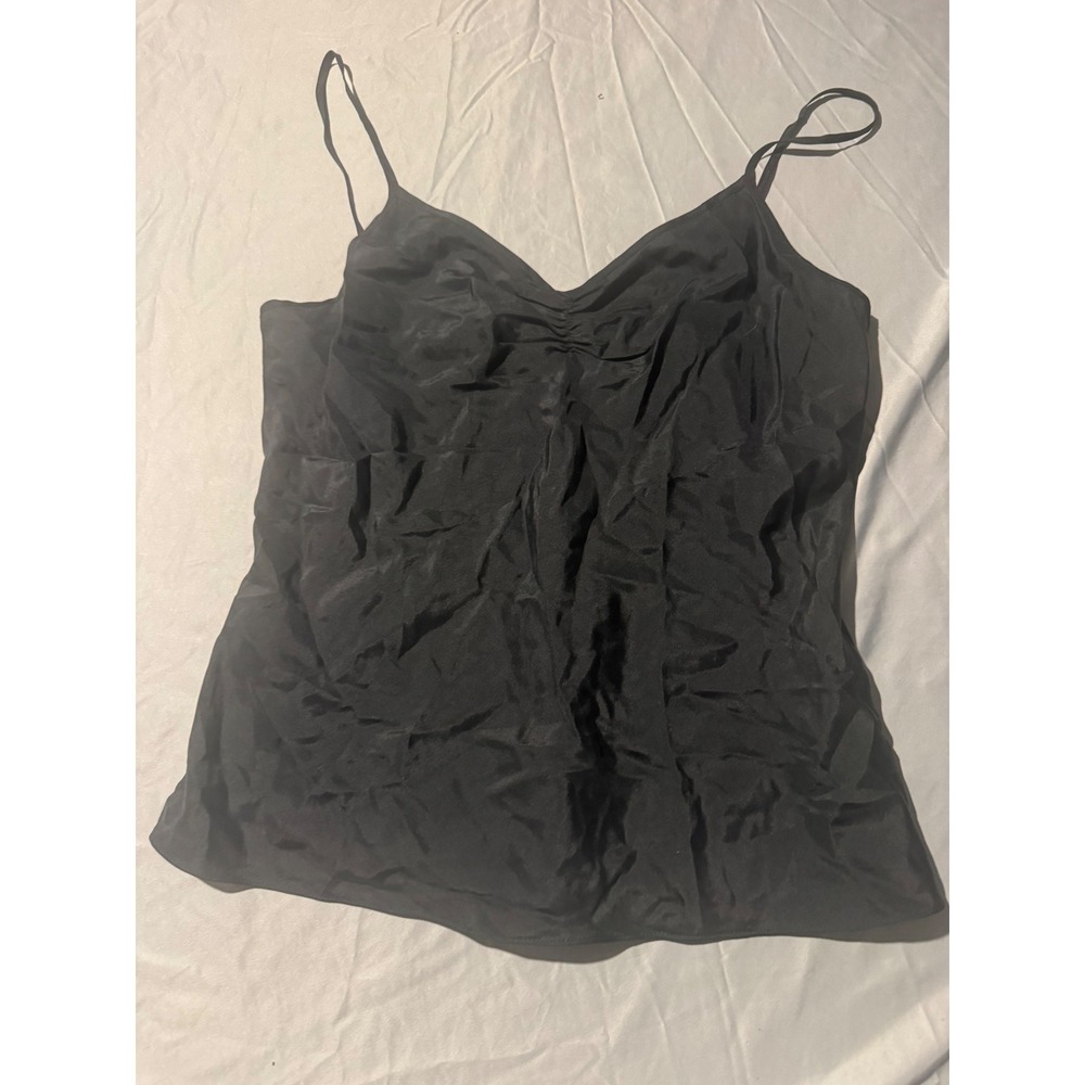 Black 100% Silk Ruched V-Neck Camisole Adjustable Spaghetti Straps Top